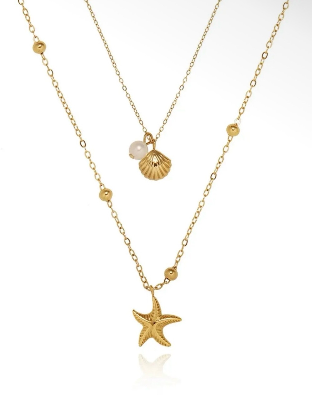 18k Gold Tone Layered Starfish & Shell Charm Pendant Necklace White Pearl Cable